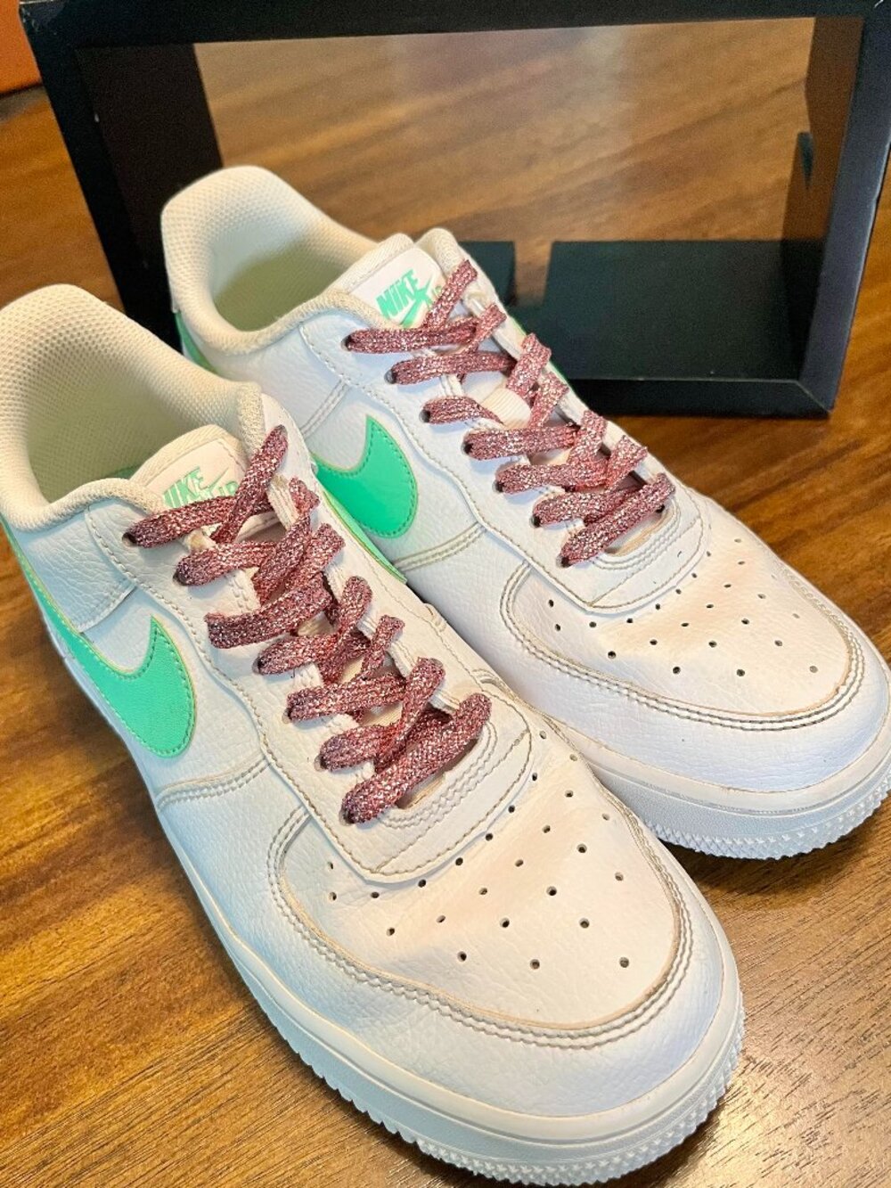 Size 8-Nike Air Force 1 Sneakers w/ Mint Green Swoosh Glittery Pink Shoelaces